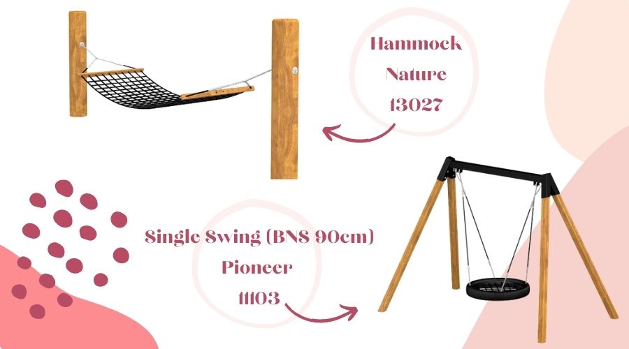 A hammock and a bird's nest swing are excellent additions to a preschool playground.