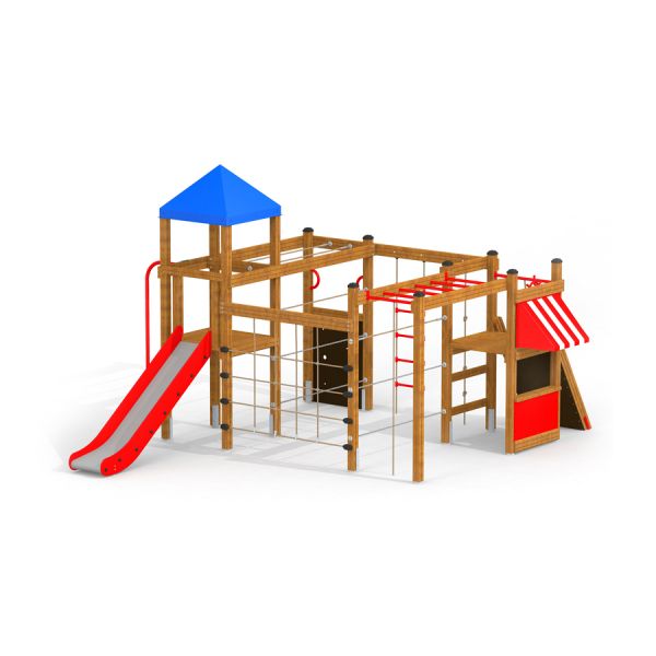 Structure d’escalade en bois pour enfants avec toboggan rouge et toit bleu (Climbing Booth).