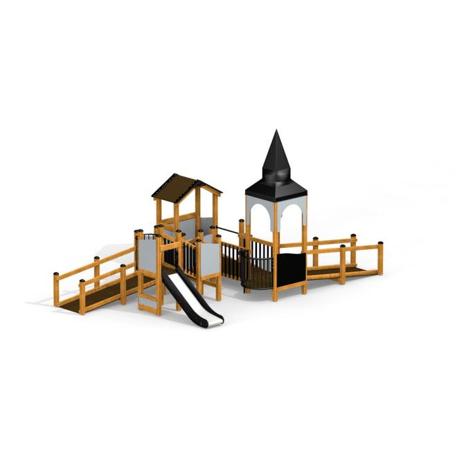 Structure d’escalade en bois Campanille playground castle avec toboggan et rampe