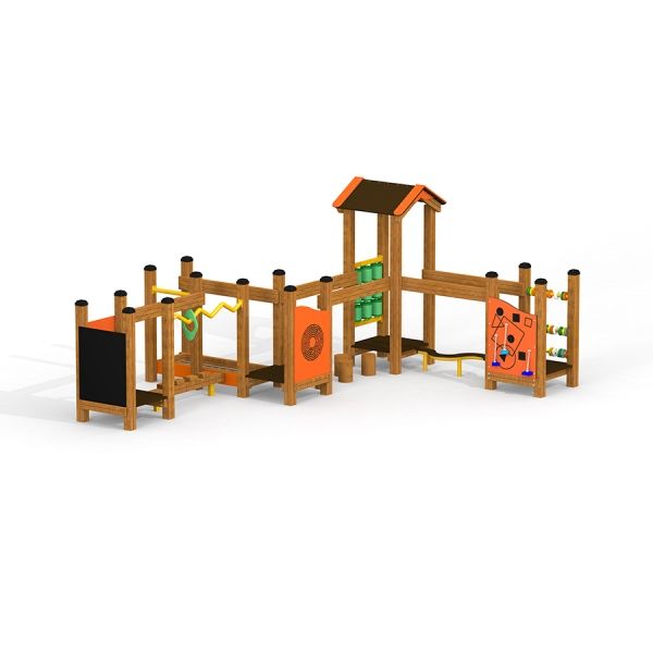 Structure de jeu Trixie avec cadres d’escalade et panneaux d’activités.