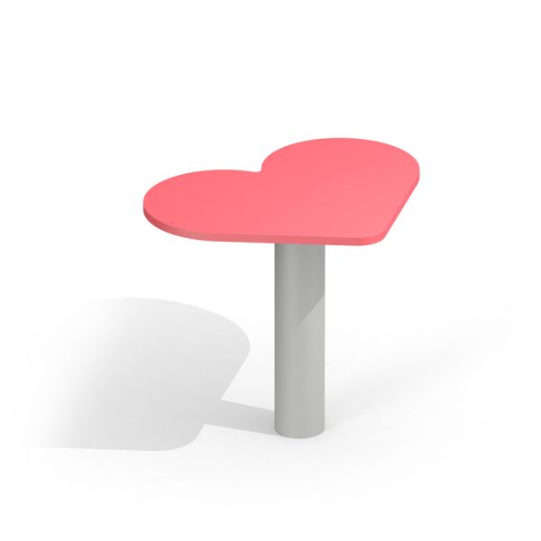 Heart Table avec un dessus rose en forme de cœur et une base grise.