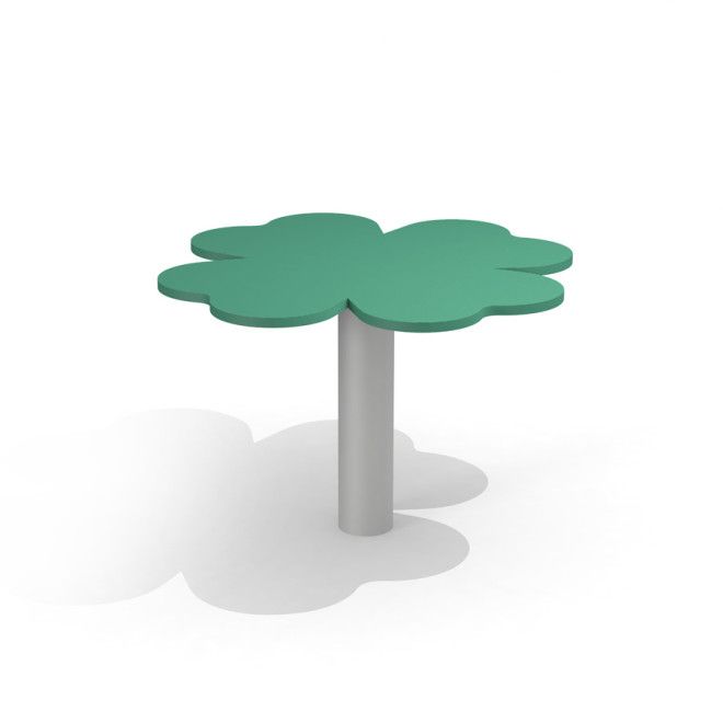 Équipement de jeu Clover Table avec un dessus vert en forme de trèfle et un seul poteau de support gris.