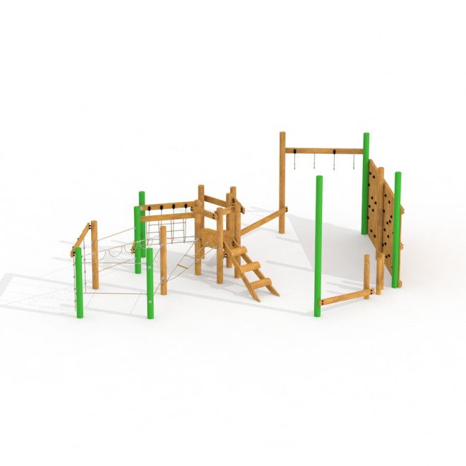 Structure d'escalade de Spillikins wooden playhouse sur aire de jeux avec cordes et mur d'escalade