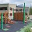 Spillikins wooden playhouse dans un cadre d'aire de jeux.