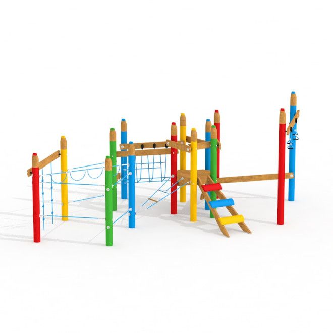 Crayon Quest Park structure de jeu en bois colorée avec filets d'escalade et échelles.