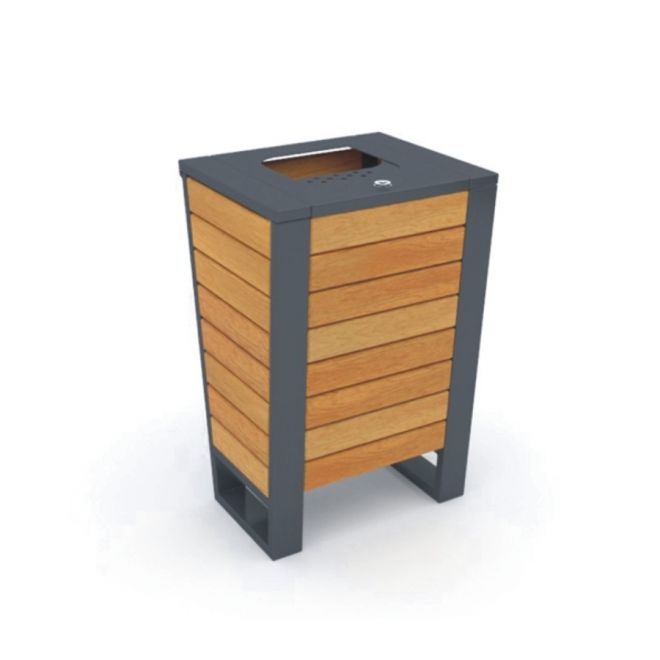 Ryga Bin Light avec des lattes de bois et un cadre noir.