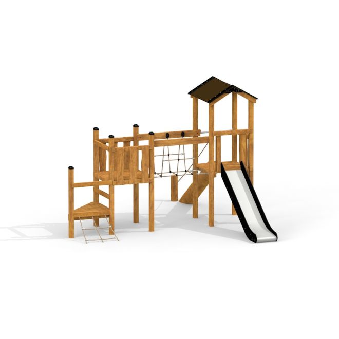 Triangle Modern Nature wooden playhouse with slide et des filets d'escalade.