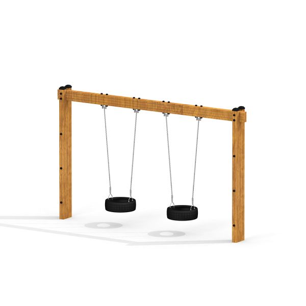 Cadre Wooden Tire double swing avec deux balançoires en pneu noir suspendues à des chaînes