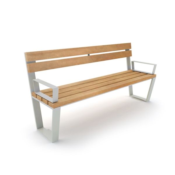 Moderne Ryga Bench avec siège et dossier en bois, et accoudoirs et pieds en métal.