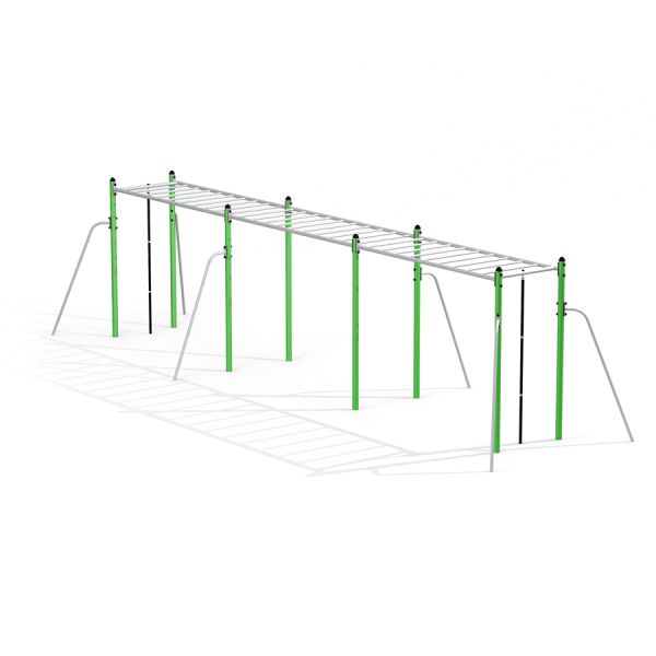 Équipement de jeu Metal Horizontal Ladder Large avec barres vertes et argentées.