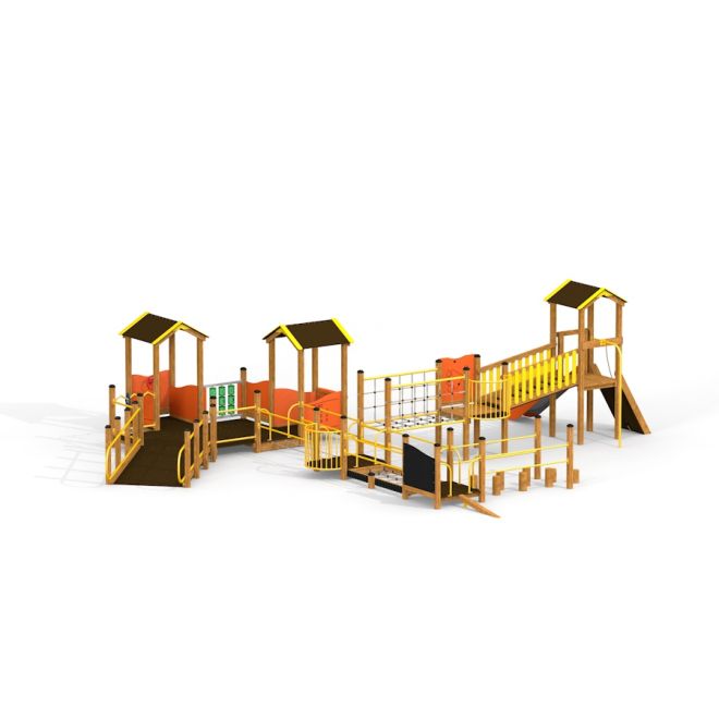 Équipement de aire de jeux Beta avec plusieurs toboggans et structures d’escalade
