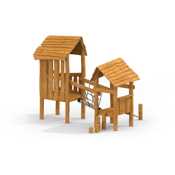 Wooden Hut - structure de jeu en bois avec deux cabanes reliées et un pont de corde.