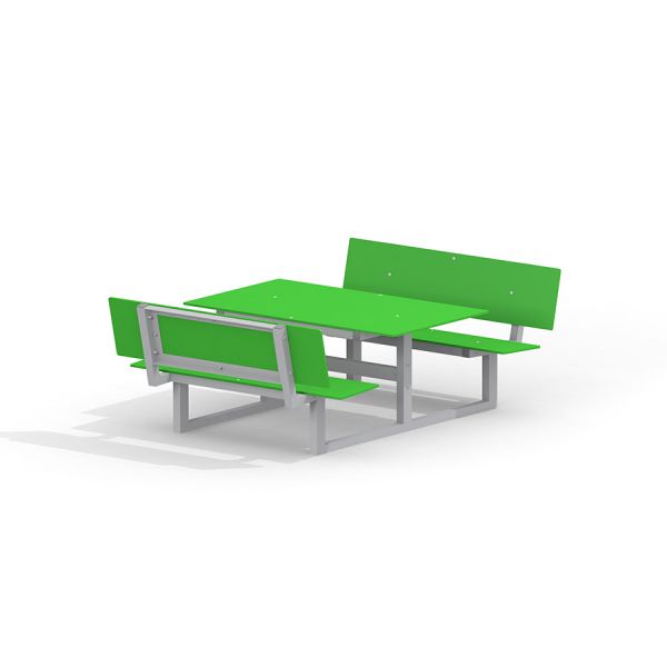 Ensemble table et banc verts pour enfants.