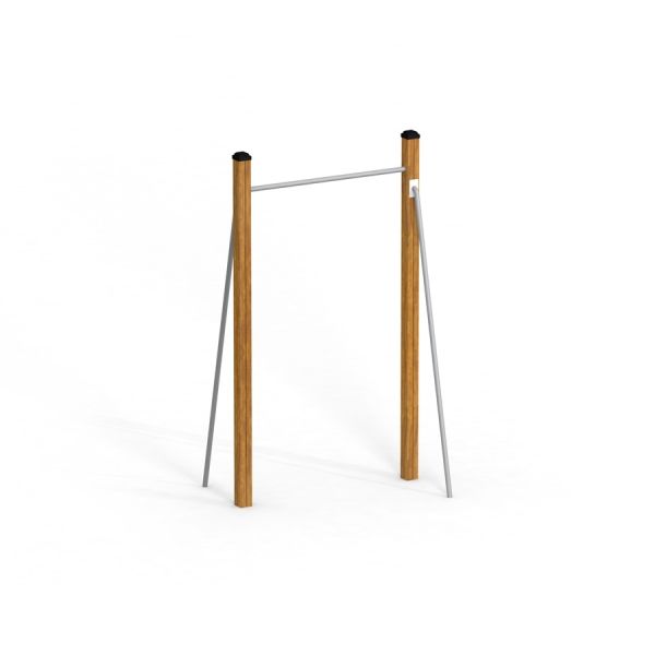 Équipement de fitness extérieur Barre de traction avec poteaux en bois et barre métallique.