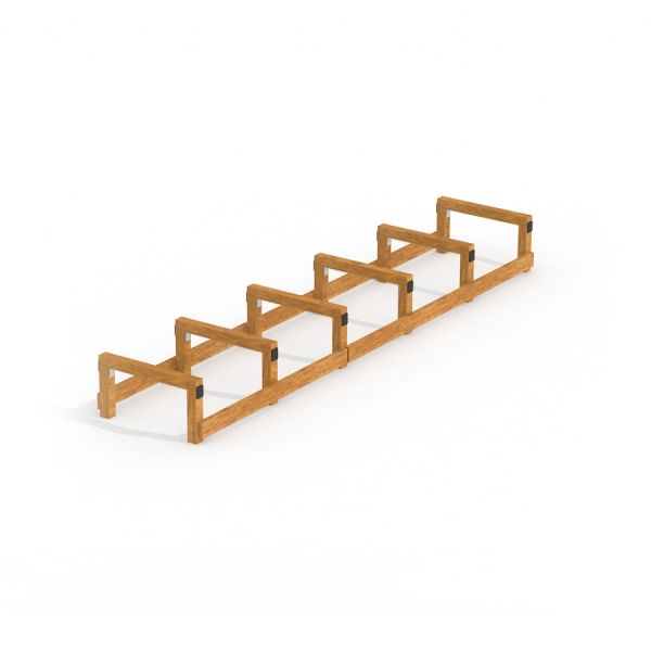 Ensemble de poutres d’équilibre en bois pour l’extérieur avec six sections.