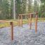 Équipement de fitness extérieur en bois OverĂ˘â‚¬under dans un cadre forestier.