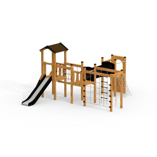 Structure de jeu en bois avec toboggan et filets d’escalade - Romping Cottage.