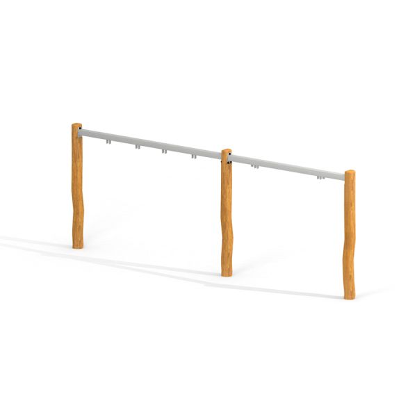 Nature Swing Frame 1(BNS) +2 (multiple swing) avec des poteaux en bois et une poutre en métal.