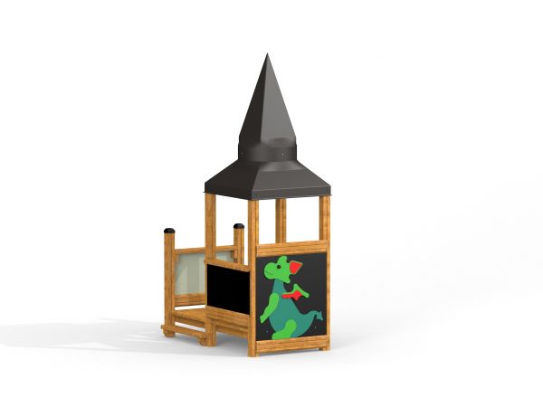 Tower with Baby Dragon single playhouse en bois avec toit noir et dragon vert peint.