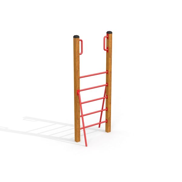 Vertical wooden ladder avec barreaux rouges et poignées.
