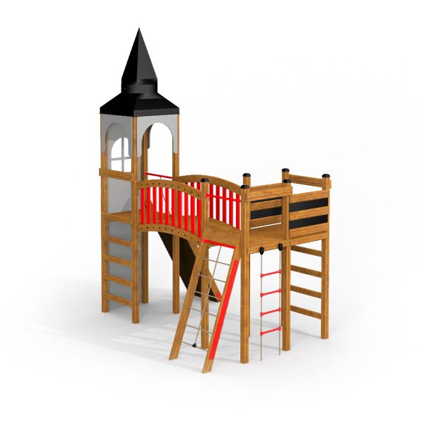 Alcazar playground castle avec une tour en bois, un pont et des échelles pour enfants.