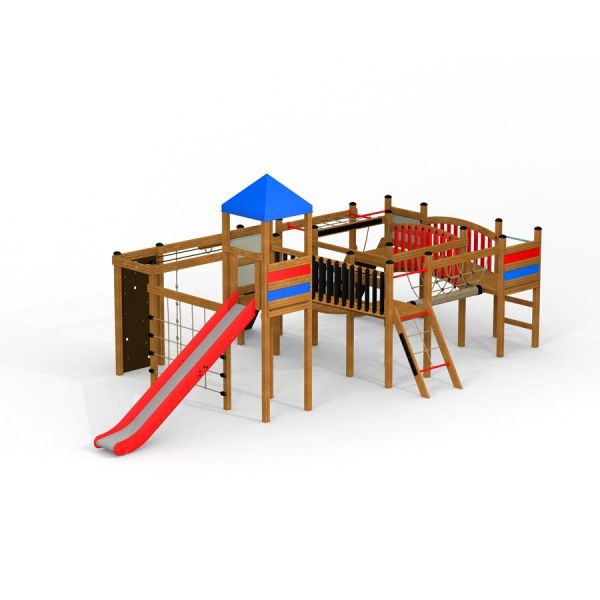 Équipement de terrain de jeu Searobber Castle II avec toboggan rouge et toit bleu.