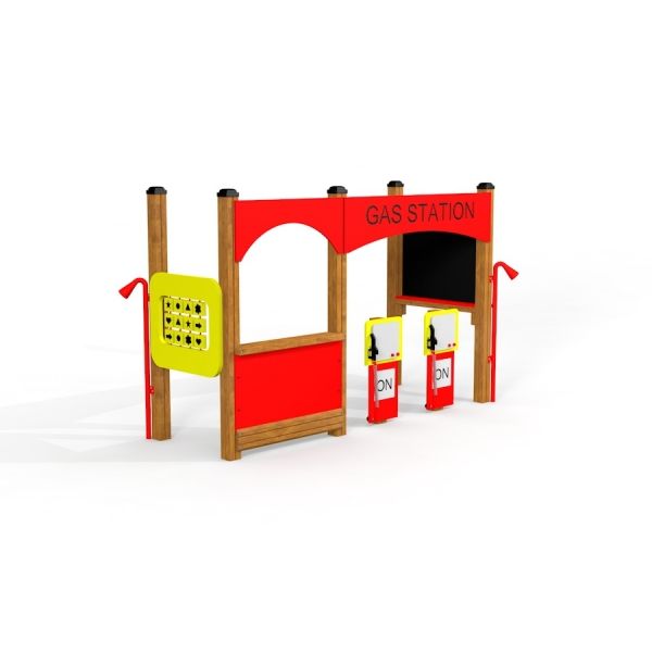 Structure de aire de jeux pour enfants Gas Station en rouge et jaune vif.