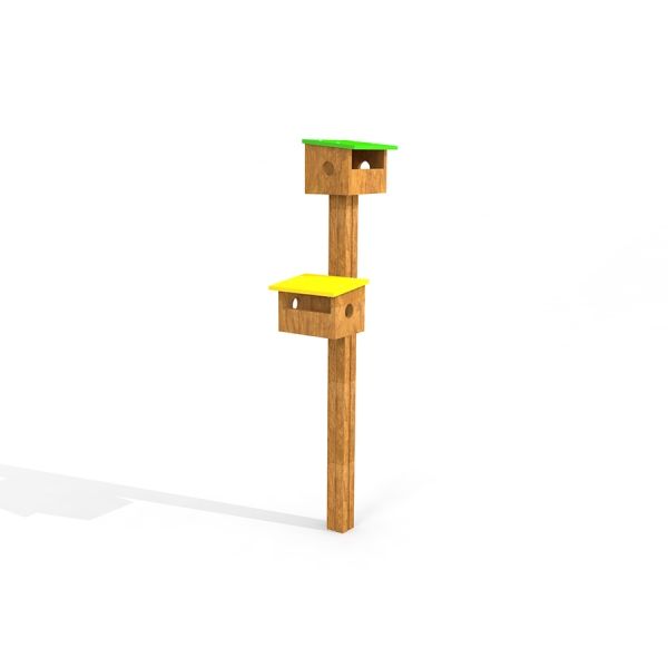 Deux mangeoires à oiseaux en bois avec des toits verts et jaunes sur un poteau haut.