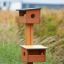 Poteaux de mangeoires à oiseaux en bois installés dans une pelouse verte près de bâtiments modernes.