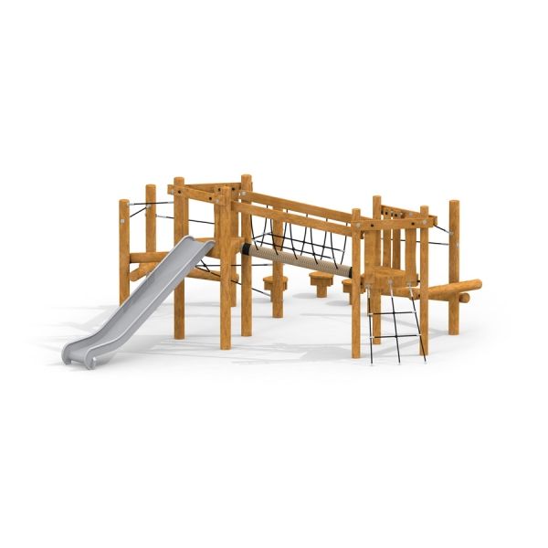 Structure de jeu pour enfants en bois avec toboggan et filets d’escalade, produit nommé Etna.