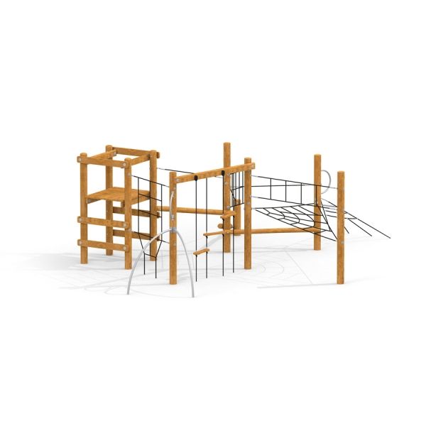 Caucasus wooden playhouse avec filets d’escalade et plateformes en bois.