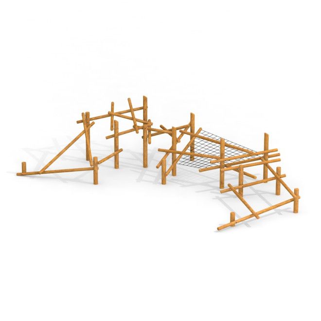Structure d’escalade en bois Sonora pour aire de jeux avec filet en corde et poutres d’équilibre.