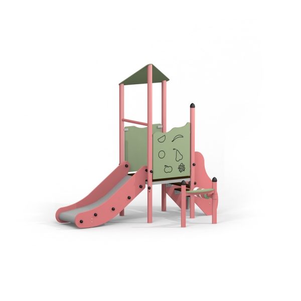 Mars playhouse with slide en couleurs pastel avec un mur d'escalade.