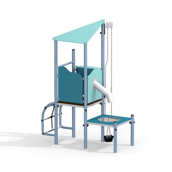 Maison de jeu Neptune simple avec un toit bleu et une échelle.