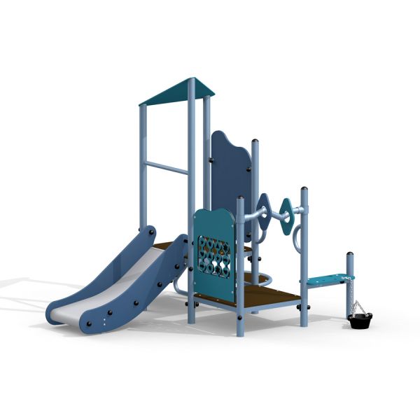 Chronos playhouse with slide fabriqué en matériaux bleus et gris, avec un toboggan et des structures d'escalade
