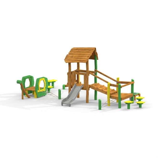 Aliceâ€™s house structure de terrain de jeu en bois avec toboggan et éléments d’escalade