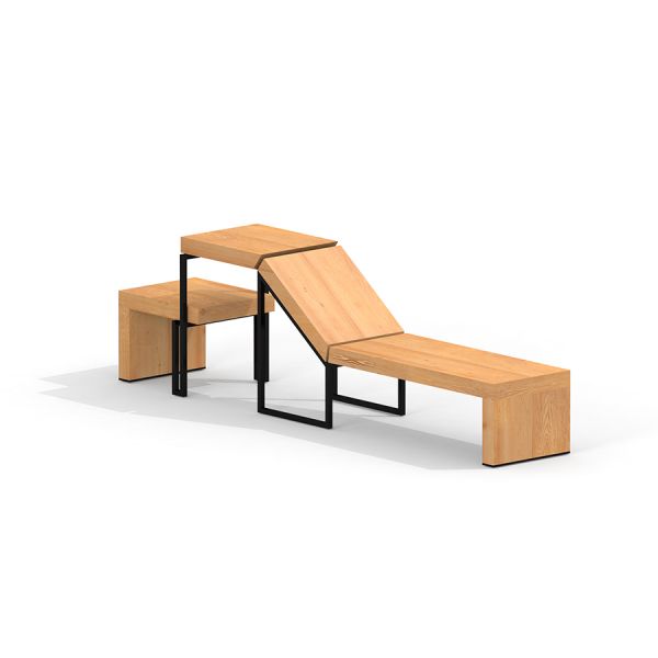 Banc en bois Thor deckchair with Stool avec structure métallique noire.