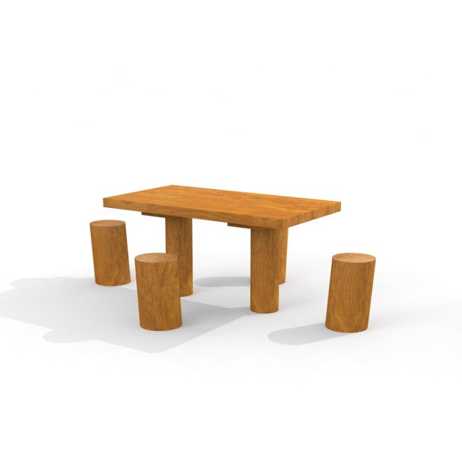Table Nature with 4 stools en bois naturel, conçu pour des sièges de terrain de jeu extérieur.