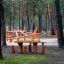 Table Nature with 4 stools en bois naturel, placé dans un terrain de jeu en forêt.