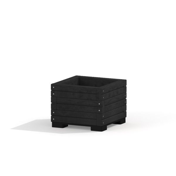 Jardinière en bois noire de forme carrée.