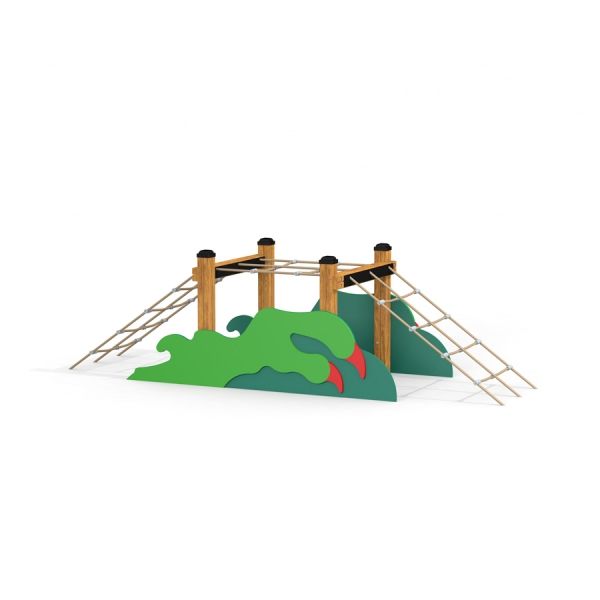 Structure d'escalade de terrain de jeu 'Trapezoid with Dragon Claws' avec des panneaux verts sur le thème du dragon et du bois