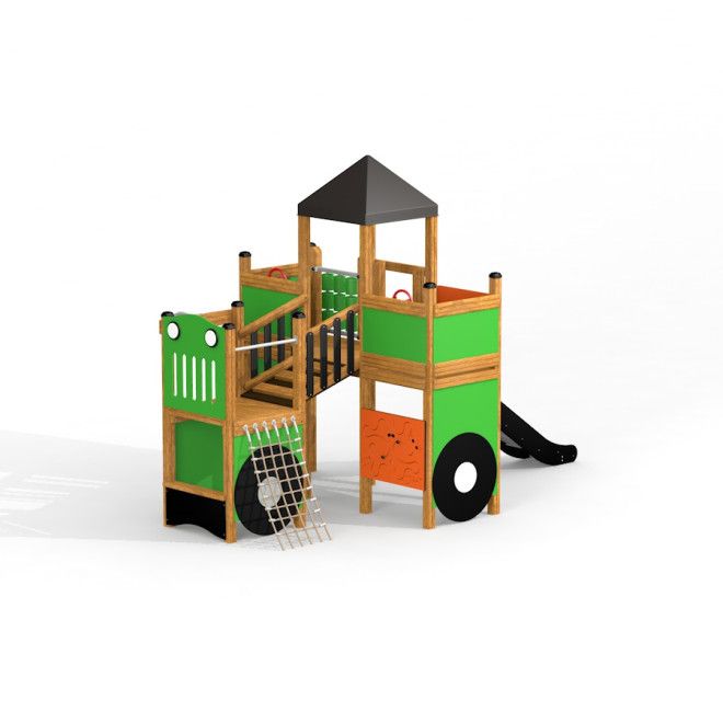 Équipement de terrain de jeu Big Tractor playhouse with slide en couleurs vert et orange