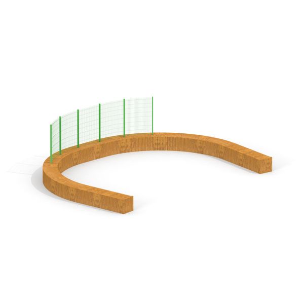 Barrière sportive en bois semi-circulaire Multiarena Wooden avec clôture en maille verte.