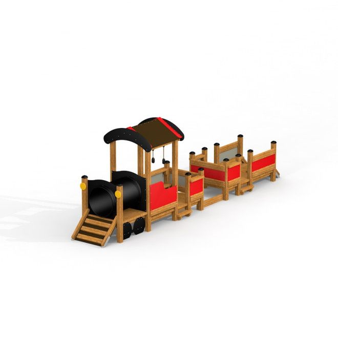 Équipement de jeu en bois Locomotive with cars train playhouse avec accents rouges et noirs.