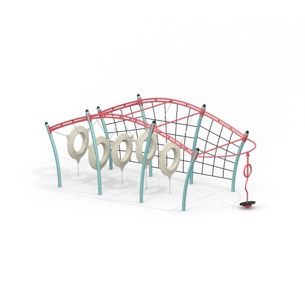 Équipement de aire de jeux Caterpillar climbing net avec structure courbe rouge et verte.