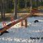 Nature Seesaw sur une aire de jeux sablonneuse au milieu des arbres.