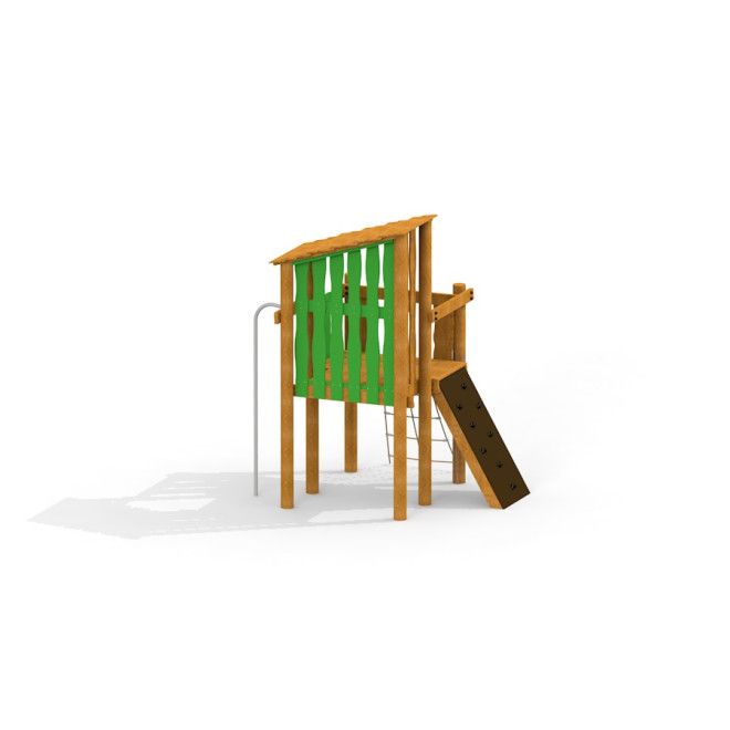 Structure d’escalade en bois Hut single playhouse avec toboggan et panneaux verts