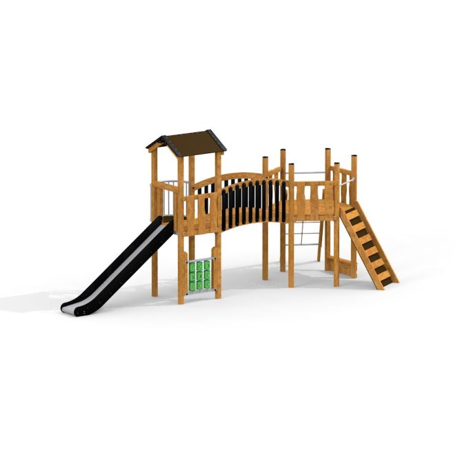 Hexagon Modern Nature II single slide structure de jeu en bois avec toboggan et éléments d’escalade.