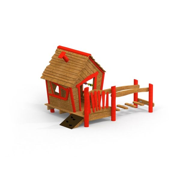 Anna's Playhouse maison de jeu en bois avec accents rouges et pont.