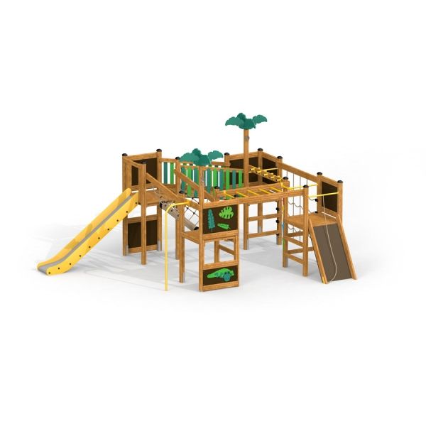 Ensemble de jeux Jungle castle with slide avec éléments d’escalade et décorations de palmiers.